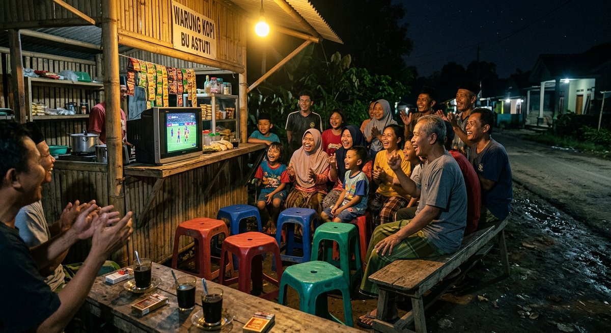 Warga kampung menonton pertandingan bersama di depan warung dengan suasan riang