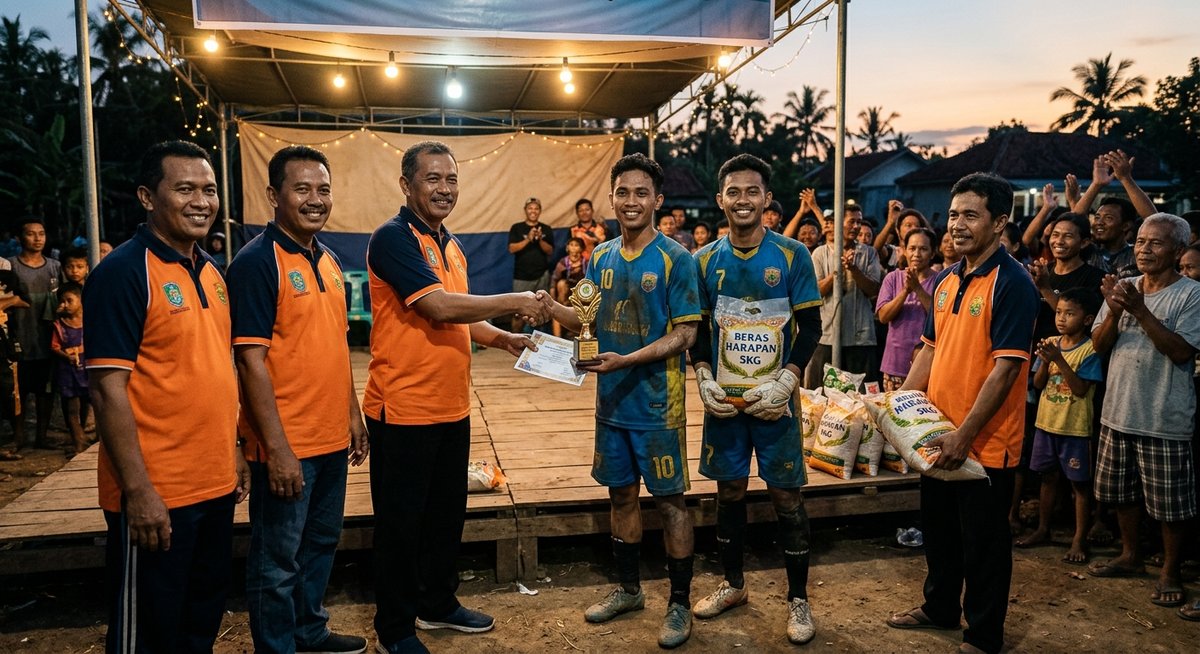 Panitia turnamen kampung menyerahkan trofi dan hadiah sembako kepada tim juara