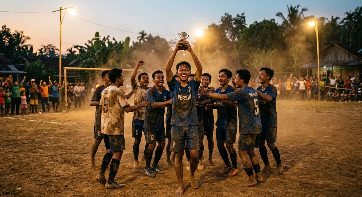 Pemain tim juara turnamen kampung mengangkat trofi kecil di tengah lapangan tanah