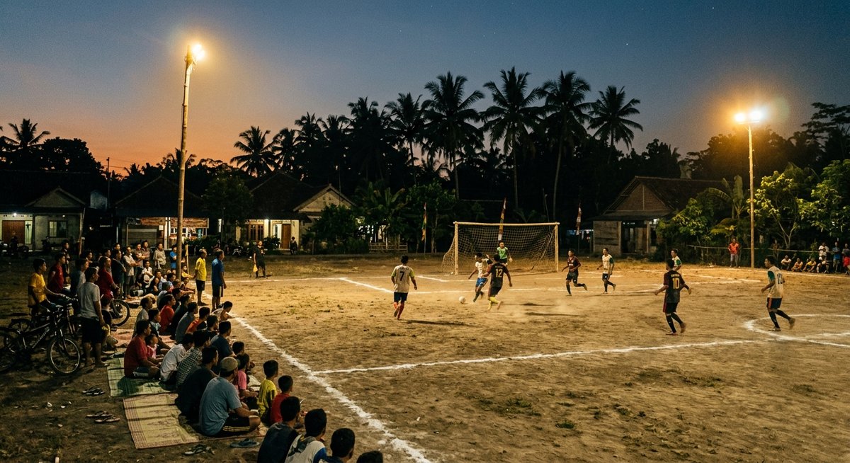 Lapangan bola tanah kampung dengan tiang lampu sorot dan gawang kayu saat senja