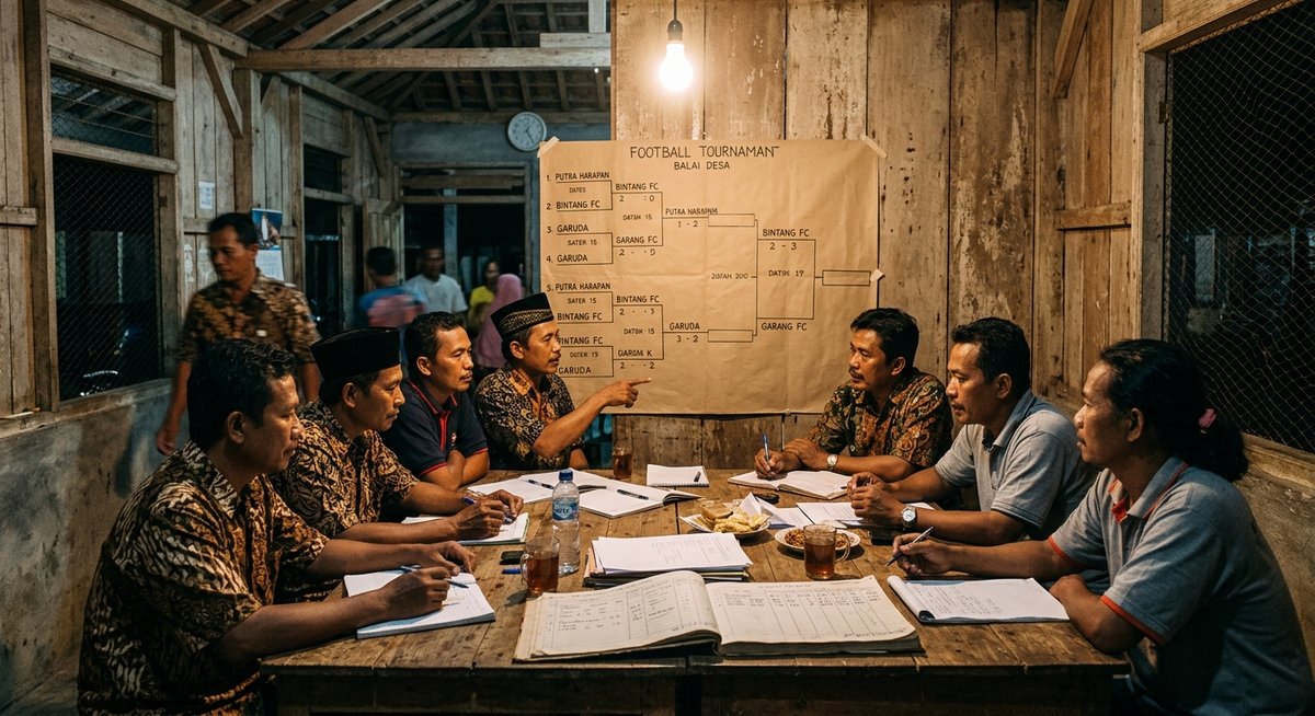 Rapat panitia turnamen kampung di balai desa dengan bagan pertandingan di dinding